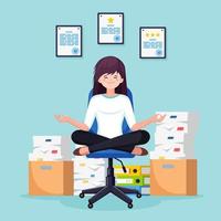 Woman doing yoga, sitting on office chair. Pile of paper, busy stressed employee with stack of documents in carton, cardboard box. Paperwork, bureaucracy. Worker meditating, relaxing, calm down. vector