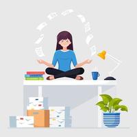Woman doing yoga at workplace in office. Worker sitting in padmasana lotus pose on desk with flying paper, meditating, relaxing, calm down and manage stress. Vector flat design
