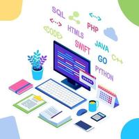 Software development, programming language, coding. 3d isometric laptop, computer with digital application isolated on white background. Vector design