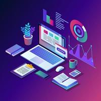 Data analysis. Digital financial reporting, seo, marketing. Business management, development. 3d isometric laptop, computer, pc with graph, chart, statistic. Vector design for website