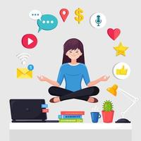 Woman doing yoga at workplace in office with social network, media icon. Worker sitting in padmasana lotus pose on desk with flying paper, meditating, relaxing, calm down, manage stress Vector design
