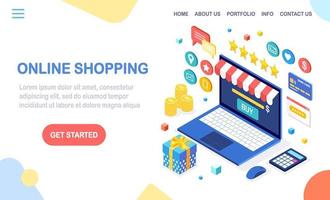 Online shopping , sale concept. Buy in retail shop by internet. 3d isometric computer, laptop with money, credit card, customer review, feedback, gift box, surprise. Vector design for web banner