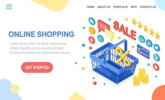 Online shopping concept. Buy in retail shop by internet. Discount sale. 3d isometric basket with money, credit card, customer review, feedback, store icons. Vector design for banner
