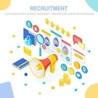 Recruitment. 3d isometric megaphone, bullhorn, loudspeaker with cv resume, folder, speech bubble. Human Resources, HR. Hiring employees. Job interview. Vector design for banner