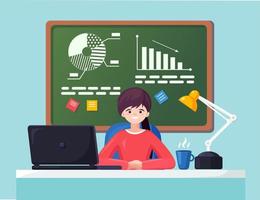 Business analysis, data analytics, research statistic, planning. Woman working at desk in office. Graph, charts, diagram on chalkboard. People analyze, plan development, marketing. Vector flat design