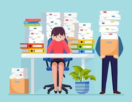 Busy businessman with stack of documents in carton, cardboard box. Business woman working at desk.  Office interior with computer, laptop, coffee. Paperwork. Bureaucracy concept. Vector flat design