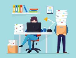 Busy businessman with stack of documents in carton, cardboard box. Business woman working at desk.  Office interior with computer, laptop, coffee. Paperwork. Bureaucracy concept. Vector flat design