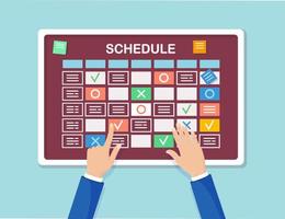 horario de planificación en concepto de tablero de tareas. planificador, calendario en pizarra. lista de eventos para el empleado. trabajo en equipo, colaboración, concepto de gestión del tiempo empresarial. diseño plano vectorial vector