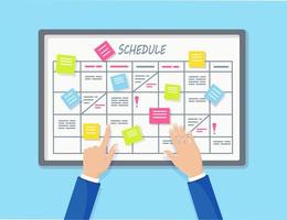 Planning schedule on task board concept. Planner, calendar on whiteboard. List of event for employee. Teamwork, collaboration, business time management concept. Vector flat design