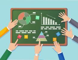 Business analysis, data analytics, research statistic, planning. Graph, charts, diagram on chalkboard. People analyze, plan development, marketing. Vector flat design