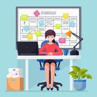 Business woman working at desk Planning schedule on task board concept. Planner, calendar on whiteboard. List of event for employee. Teamwork, collaboration, time management. Vector flat design