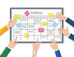 horario de planificación en concepto de tablero de tareas. planificador, calendario en pizarra. lista de eventos para el empleado. trabajo en equipo, colaboración, concepto de gestión del tiempo empresarial. diseño plano vectorial vector