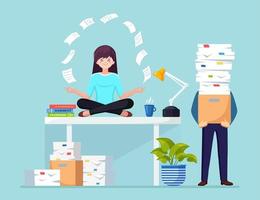 Woman doing yoga at workplace in office. Worker sitting in padmasana lotus pose on desk with flying paper, meditating, relaxing, calm down manage stress. Busy businessman with stack of paper vector