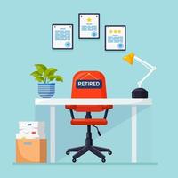 Recruitment. Office interior with desk, chair with sign retired, documents. Retirement. Vacant workplace for worker, employee. Human Resources, HR. Hiring employees. Job interview. Vector flat design