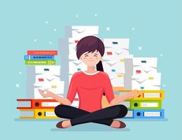 Woman doing yoga. Pile of paper, busy stressed employee with stack of documents in carton, cardboard box. Paperwork. Bureaucracy. Worker meditating, relaxing, calm down manage stress. vector