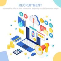 Recruitment. 3d isometric computer, laptop, pc with cv resume, folder, megaphone, bullhorn, loudspeaker, speech bubble. Human Resources, HR. Hiring employees. Job interview. Vector design for banner