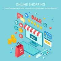 Online shopping concept. Buy in retail shop by internet. Discount sale. 3d isometric computer, laptop with money, credit card, customer review, feedback, bag, package. Vector design for web banner