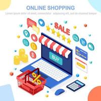 Online shopping, sale concept. Buy in retail shop by internet. 3d isometric computer, laptop with basket, money, credit card, customer review, feedback star, calculator. Vector design for web banner