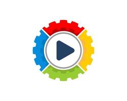 Mechanical gear with rainbow colors and media play button inside vector