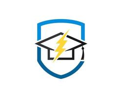 Simple shield with graduation hat and electrical lightning vector