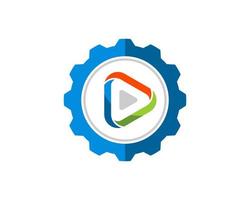 Mechanical gear with abstract media play button inside vector