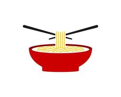 Red bowl with noodle and cross chopstick on the top vector