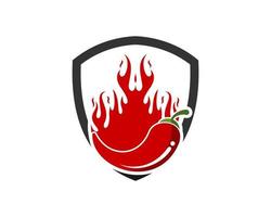 Simple shield with hot chilli and fire flame ion the top vector