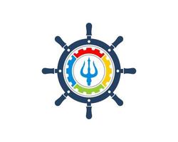 Ship steering wheel with rainbow gear and trident inside vector