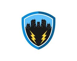 Simple shield with city building and electrical lightning vector