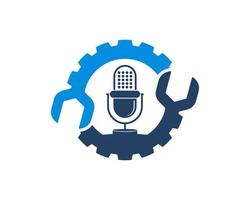 Mechanical gear with wrench and podcast microphone inside vector