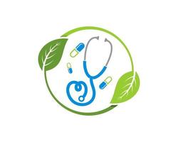 Circular nature leaf with medical stethoscope and pills vector
