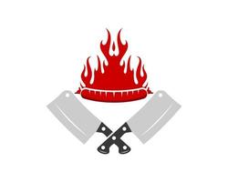 Cross butcher knife with sausage and fire on the top vector