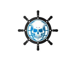 Ship steering wheel with abstract globe and skull inside vector