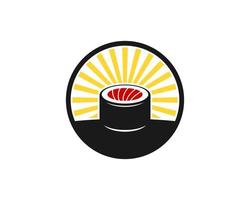 Circle shape with japanese sushi and shinning sun behind vector