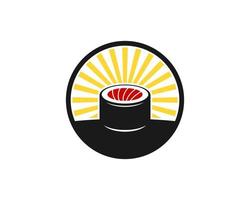 Circle shape with japanese sushi and shinning sun behind vector