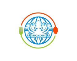 Circular spoon and fork with abstract globe and octopus vector