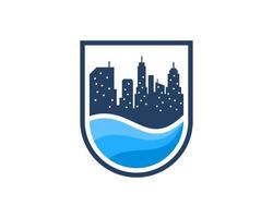 Protection shield with city building and beach wave above vector