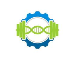 Mechanical gear with gym barbel and DNA symbol inside vector