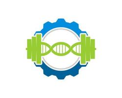 Mechanical gear with gym barbel and DNA symbol inside vector