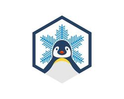 Hexagonal shape with cute penguin and snow flower inside vector