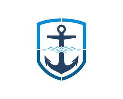 Protection shield with anchor and beach wave inside vector