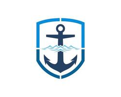 Protection shield with anchor and beach wave inside vector