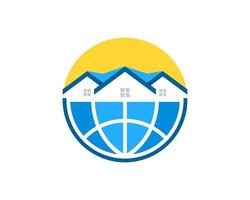 Real estate house with abstract globe and sunset behind vector