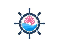 Ship steering wheel with abstract beach wave and clams inside vector