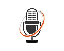 micrófono de podcast con swoosh ovalado abstracto en el interior vector