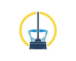 Circle shape with broom and bucket inside vector