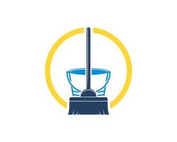 Circle shape with broom and bucket inside vector