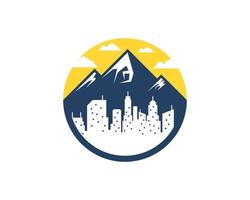 Circle shape with mountain and city building inside vector