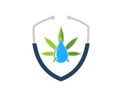 Escudo de estetoscopio con hoja de cannabis y gota de agua en el interior vector