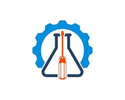 Mechanical gear with laboratory bottle and screwdriver inside vector